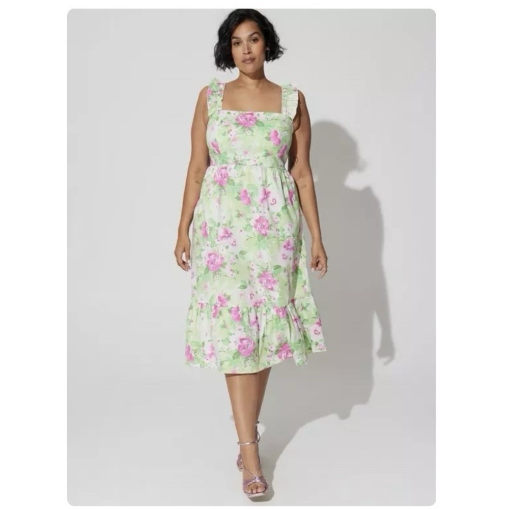 Torrid Pink Green Floral Tiered Ruffle Smocked Poplin Sun Dress Size‎ 2X Pockets